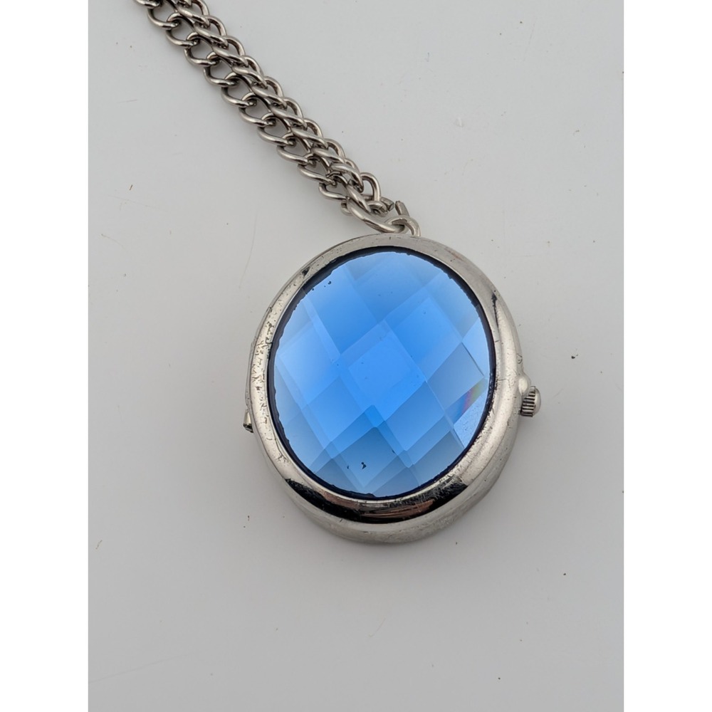 Avenue‎ Pendant Watch Blue Gem  Silver Dial w/ Chain- New Battery